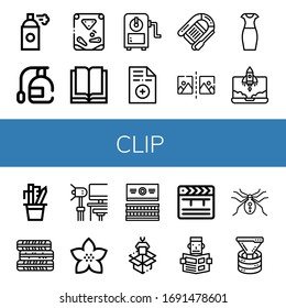 clip icon set. Collection of Spray, Pinball, Reading, Sharpener, Prescription, Lifeboat, Flip, Pencil dress, Rocket, Stationery, Tires, Studio, Flower, Gum, Packaging, Clapper icons