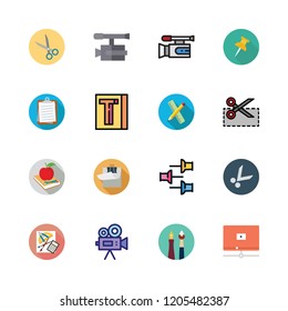 clip icon set. vector set about clipboard, scissors, video player and push pin icons set.