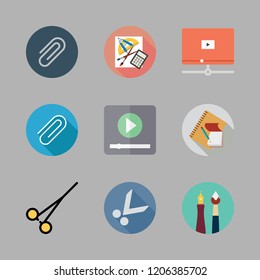 clip icon set. vector set about video player, school material, scissors and paper clip icons set.