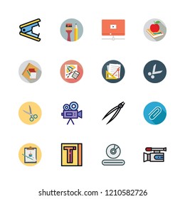 clip icon set. vector set about stapler, scissors, paper clip and video player icons set.