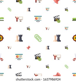 clip icons pattern seamless. Included editable flat Presentation, Paperclip, Pin, coach, Strategy game, Video maker, Shooter, Scissors, Stapler icons. clip icons for web and mobile.
