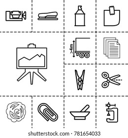 Clip icons. set of 13 editable outline clip icons such as bowl, cloth pin, vice clamp, spray paint, scissors, cargo height, clip, glued note, stapler, nest, board