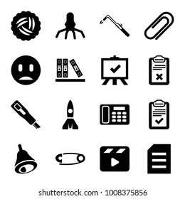 Clip icons. set of 16 editable filled clip icons such as nest, board, blowtorch, rocket, movie clapper, clipboard, binder, paper, clip, desk phone, bell, pin, cutter