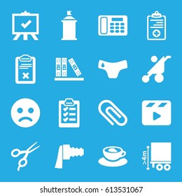 Clip icons set. set of 16 clip filled icons such as baby stroller, children panties, barber scissors, board, spray paint, cargo height, cup with heart, movie clapper