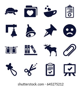 Clip icons set. set of 16 clip filled icons such as moose, turtle, hair barrette, board, folder with heart, cup with heart, scissors, clipboard, medical clipboard, binder