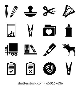 Clip icons set. set of 16 clip filled icons such as nest, moose, hair barrette, cloth pin, cutter, spray paint, seed bag, cargo height, folder with heart, clipboard, binder