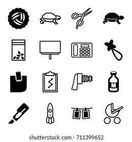 Clip icons set. set of 16 clip filled and outline icons such as nest, turtle, hair barrette, cutter, seed bag, milk, glued note, photos on rope, baby stroller, barber scissors