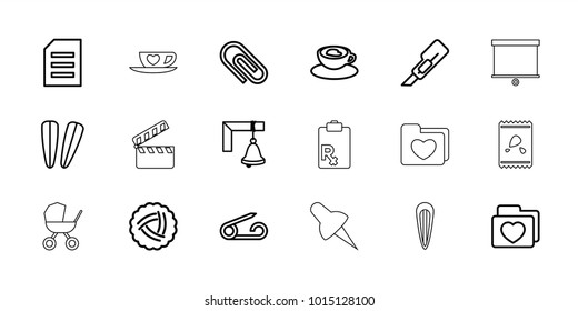 Clip icons. set of 18 editable outline clip icons: nest, pin, hair barrette, cutter, folder with heart, cup with heart, paper, clip, bell, baby stroller, board, seed bag