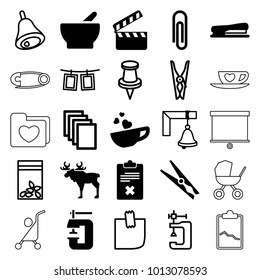 Clip icons. set of 25 editable filled and outline clip icons such as paper, paper clip, cup with heart, stapler, cloth pin, vice clamp, seed bag, pin, glued note, bell