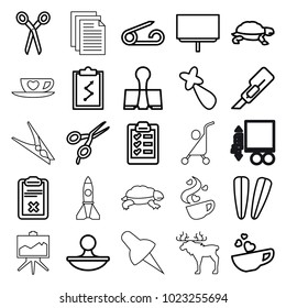 Clip icons. set of 25 editable outline clip icons such as turtle, pin, barber scissors, hair barrette, board, cutter, clipboard with chart, cup with heart, clipboard, stamp