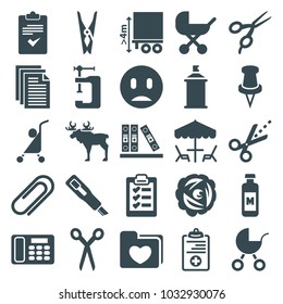 Clip icons. set of 25 editable filled clip icons such as baby stroller, barber scissors, cloth pin, vice clamp, spray paint, cargo height, pin, scissors, medical clipboard