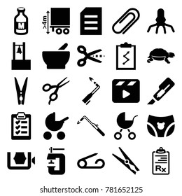 Clip icons. set of 25 editable filled clip icons such as turtle, baby stroller, pin, barber scissors, cutter, blowtorch, scissors, clipboard with chart, milk, rocket