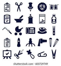 Clip icons set. set of 25 clip filled icons such as bowl, nest, baby stroller, pin, barber scissors, hair barrette, cloth pin, board, blowtorch, spray paint, seed bag, milk