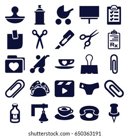 Clip icons set. set of 25 clip filled icons such as baby stroller, children panties, barber scissors, board, cutter, spray paint, taco, milk, folder with heart, cup with heart