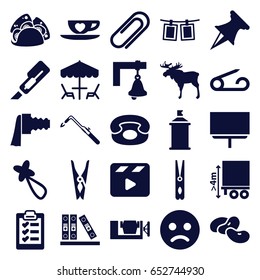 Clip icons set. set of 25 clip filled icons such as bean, moose, pin, hair barrette, cloth pin, board, cutter, vice clamp, blowtorch, spray paint, taco, cargo height
