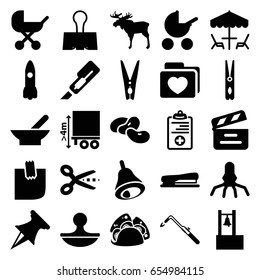 Clip icons set. set of 25 clip filled icons such as bowl, bean, moose, baby stroller, cloth pin, cutter, blowtorch, taco, cargo height, folder with heart, movie clapper