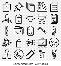 Clip icons set. set of 25 clip outline icons such as nest, baby stroller, children panties, cloth pin, board, paper, vice clamp, blowtorch, spray paint, folder with heart