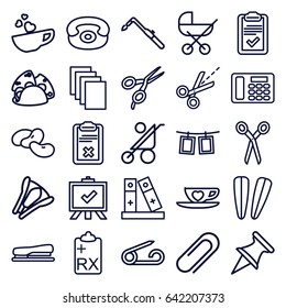 Clip icons set. set of 25 clip outline icons such as bean, baby stroller, pin, barber scissors, hair barrette, board, paper, blowtorch, taco, cup with heart, scissors