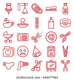 Clip icons set. set of 25 clip outline icons such as nest, baby stroller, children panties, barber scissors, cloth pin, board, spray paint, milk, folder with heart