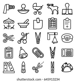 Clip icons set. set of 25 clip outline icons such as moose, bowl, baby stroller, cloth pin, taco, scissors, clipboard, medical clipboard, binder, desk phone, glued note, stamp