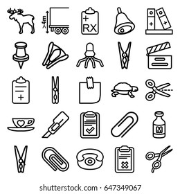Clip icons set. set of 25 clip outline icons such as moose, turtle, barber scissors, cloth pin, cutter, milk, cargo height, cup with heart, movie clapper, pin, clipboard