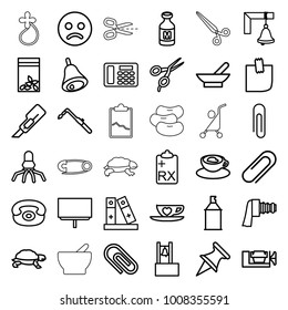 Clip icons. set of 36 editable outline clip icons such as bowl, turtle, barber scissors, board, cutter, vice clamp, blowtorch, spray paint, sad smiley, paper clip, seed bag