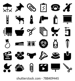 Clip icons. set of 36 editable filled clip icons such as nest, baby stroller, children panties, barber scissors, cloth pin, paper, board, vice clamp, paper clip, taco, milk