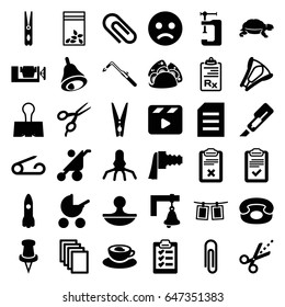 Clip icons set. set of 36 clip filled icons such as turtle, baby stroller, pin, barber scissors, cloth pin, paper, cutter, vice clamp, blowtorch, taco, seed bag
