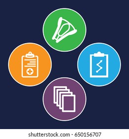 Clip icons set. set of 4 clip filled icons such as paper, medical clipboard, stapler