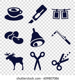 Clip icons set. set of 9 clip filled icons such as bean, moose, barber scissors, cutter, blowtorch, cup with heart, scissors, bell