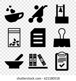 Clip icons set. set of 9 clip filled icons such as bowl, baby stroller, seed bag, cup with heart, clipboard, binder, paper clamp, bell