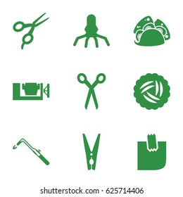 Clip icons set. set of 9 clip filled icons such as nest, barber scissors, vice clamp, blowtorch, taco, glued note, cloth pin