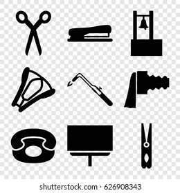 Clip icons set. set of 9 clip filled icons such as barber scissors, cloth pin, board, blowtorch, stapler, camera zoom, desk phone