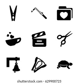 Clip icons set. set of 9 clip filled icons such as turtle, barber scissors, blowtorch, folder with heart, cup with heart, movie clapper, stapler, cloth pin