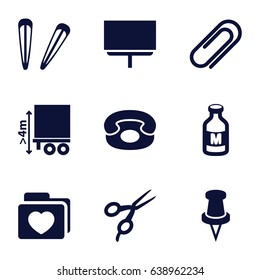 Clip icons set. set of 9 clip filled icons such as barber scissors, hair barrette, board, milk, cargo height, folder with heart, pin, clip
