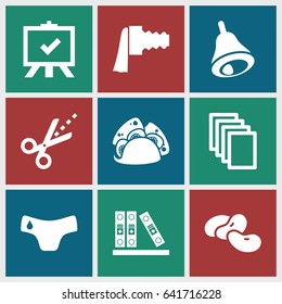 Clip icons set. set of 9 clip filled icons such as bean, children panties, board, paper, taco, scissors, binder, bell