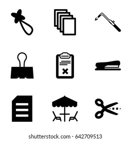 Clip icons set. set of 9 clip filled icons such as hair barrette, paper, blowtorch, clipboard, stapler, paper clamp, table under umbrella