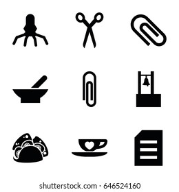 Clip icons set. set of 9 clip filled icons such as bowl, barber scissors, taco, cup with heart, bell, rocket