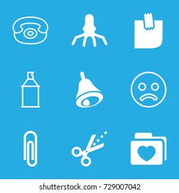 Clip icons set. set of 9 clip filled and outline icons such as folder with heart, scissors, glued note, bell, rocket, spray paint, desk phone, paper clip