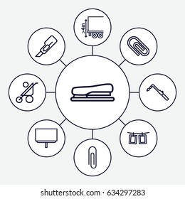 Clip icons set. set of 9 clip outline icons such as baby stroller, board, cutter, blowtorch, cargo height, stapler