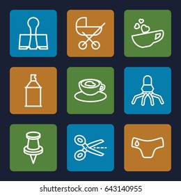 Clip icons set. set of 9 clip outline icons such as baby stroller, children panties, spray paint, cup with heart, pin, paper clamp, scissors
