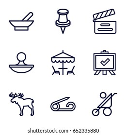 Clip icons set. set of 9 clip outline icons such as moose, bowl, baby stroller, pin, board, movie clapper, stamp