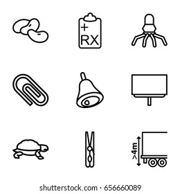 Clip icons set. set of 9 clip outline icons such as turtle, bean, cloth pin, board, cargo height, clipboard, bell, rocket