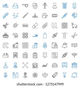 clip icons set. Collection of clip with bell, flower, glue, spider web, spray, flowers, board, pie, lawnmower, package delivered, cotton swab. Editable and scalable clip icons.