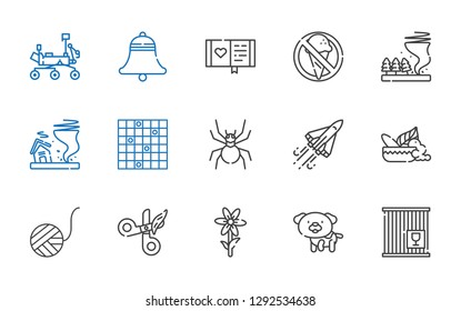 clip icons set. Collection of clip with crate, dog, flower, scissors, wool ball, mortar, space shuttle, spider, tic tac toe, tornado, no food. Editable and scalable clip icons.