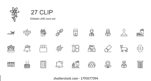 clip icons set. Collection of clip with flower, pie, tornado, bell, clipboard, board, clapperboard, eraser, inbox, cotton swab, wool ball, tampon. Editable and scalable clip icons.
