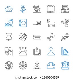 clip icons set. Collection of clip with flowers, inbox, rocket, stamp, no food, stationery, sticky note, cushion, scissors, flower, stapler. Editable and scalable clip icons.