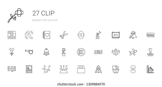 clip icons set. Collection of clip with mortar, rocket, tampon, cushion, cotton swab, stamp, diary, bell, link, list, flower, whistle, board. Editable and scalable clip icons.