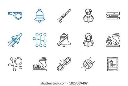 clip icons set. Collection of clip with stamp, wool ball, link, tornado, cotton swab, reading, bell, space shuttle, stapler, rocket ship, whistle. Editable and scalable clip icons.