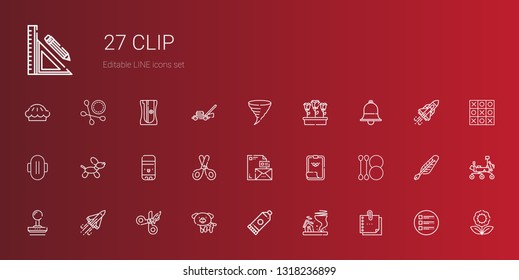 clip icons set. Collection of clip with sticky note, tornado, glue, dog, scissors, space shuttle, stamp, cotton swab, paper clip, stationary. Editable and scalable icons.